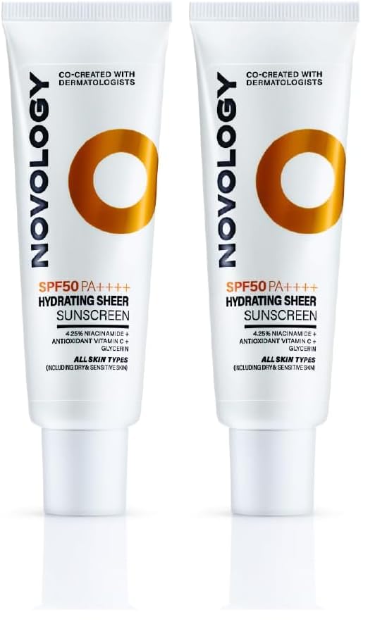 Image of Novology SPF 50 PA++++ Hydrating Sheer Sunscreen With 4.5% Niacinamide for Dry Skin| No White Cast, Non Sticky | 50 g (Pack of 2)