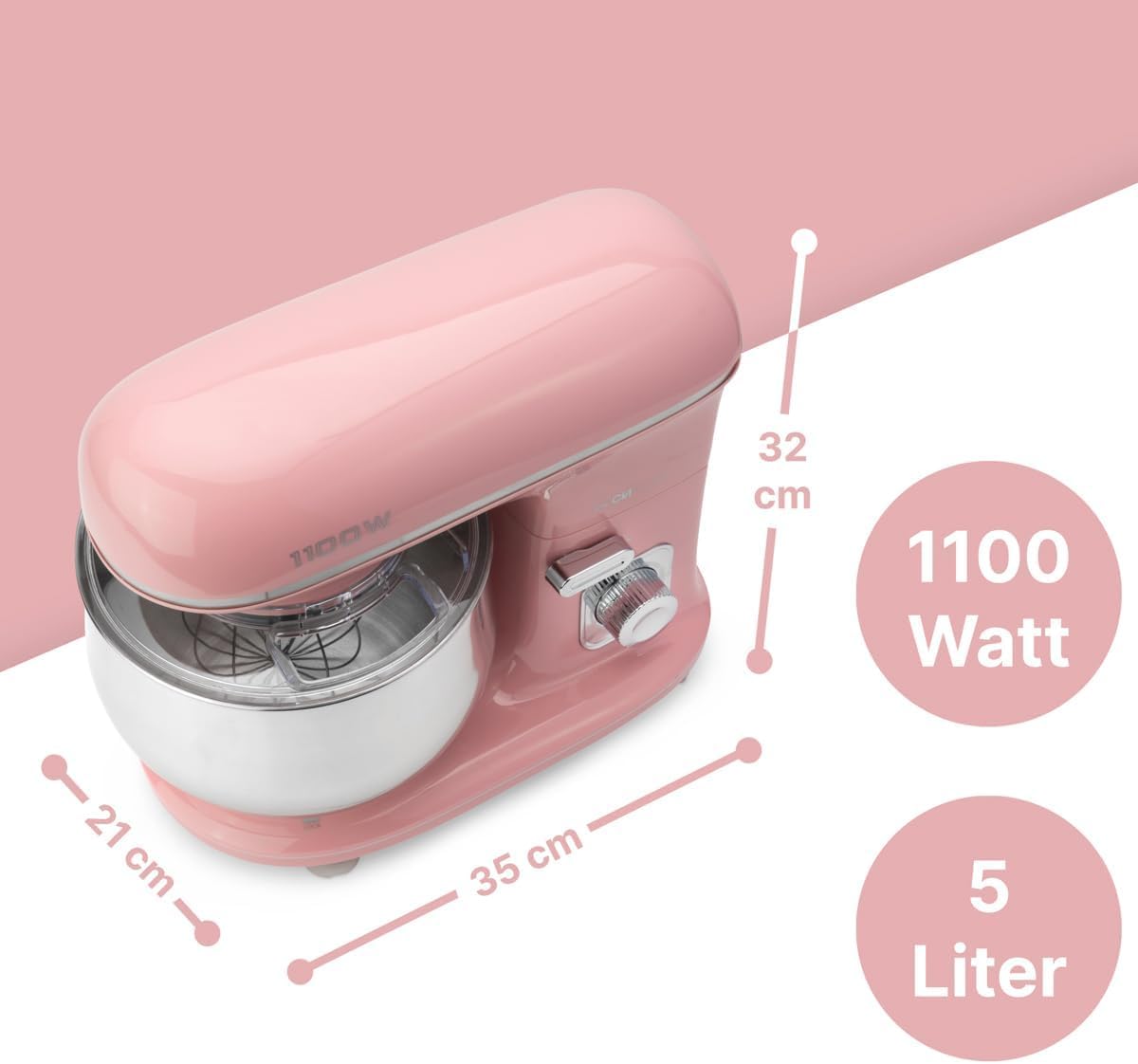 Clatronic® Küchenmaschine 1100 Watt | Knetmaschine 5L | inkl. Knethaken, Rührhaken und Schneebsen | für bis zu 3 kg Teig | robustes Spezialgetriebe | Food Processor | Teigmaschine KM 3711 pink