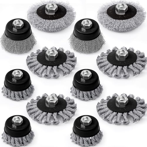 Image of Tioncy 12 Pack Wire Wheel for Angle Grinder, for 4-1 /2 inch Angle Grinder with 5 /8 inch-11 Arbor, Heavy Duty Carbon Brushes for Rust Removal Heavy Cleaning Polishing(Black,Wire Wheel Cup Brush Set)