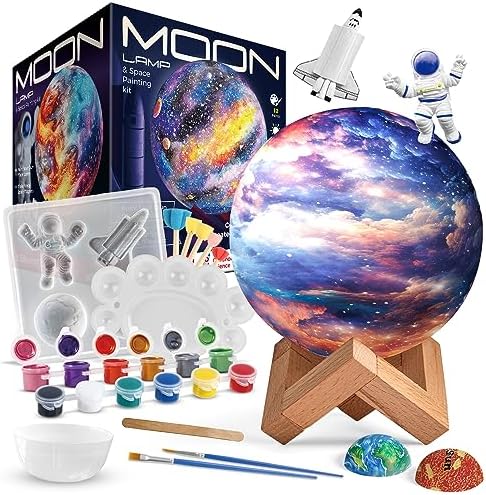 EDUMAN Paint Your Own Moon Lamp Kit, DIY 3D Moon Night Light with Space Figurines & Wooden Stand,Space Toys Night Light Gift For Kids Ages 3-12, Arts and Crafts Kit for Teens Girls Boys