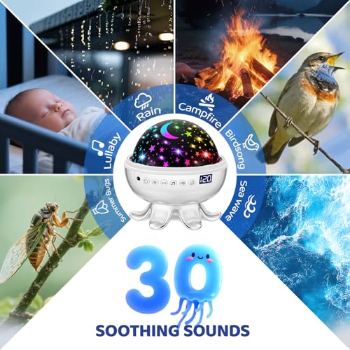 Image of Baby Sound Machine Baby Night Light Projector with Star, 30 Soothing Sounds White Noise Machine for Sleep, 31 Color | 4 Films Sleep Trainer, Remote+Timer+3 Brightness Sensory Light for Autism Toys