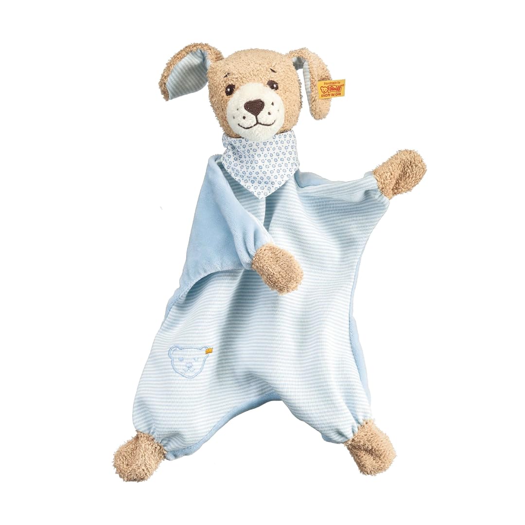 Steiff Good Night Dog comforter, cute stuffed toy, boys, girls & babies from 0 months, plush animal 24 cm, light blue, 239694