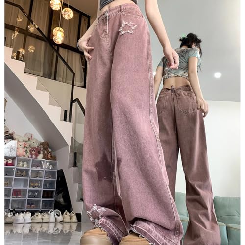 Y2K Casual High Waisted Straight Leg Jeans Womens Fashion Vintage Star Printed Fringe Baggy Denim Pants4