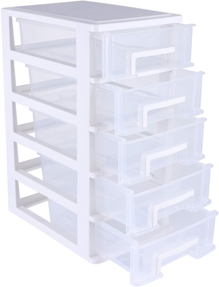 Toyvian Plastic Storage Drawers,5-Drawer Plastic Storage Bins with Clear Drawers,Storage Organization for Arts and Crafts, Small Tools,Office Supplies and Accessories(Small,White)