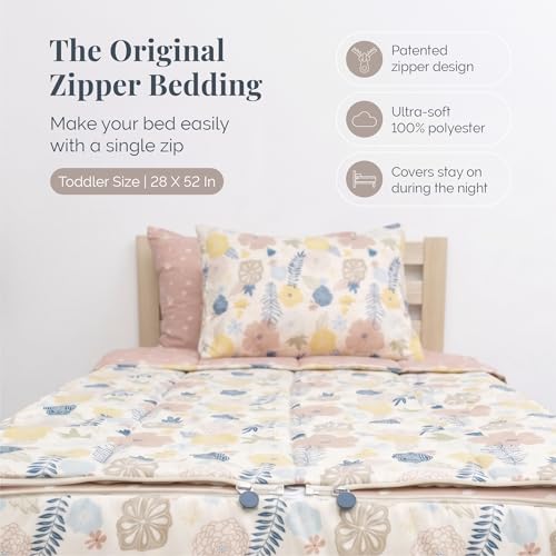 Image of Beddy's Flower Blossoms Durable Zipper Bedding for Kids - Bed in a Bag - Pink Floral Sheets and Comforter - Includes Pillowcase & Sham - Easy to Make & Wash - Toddler