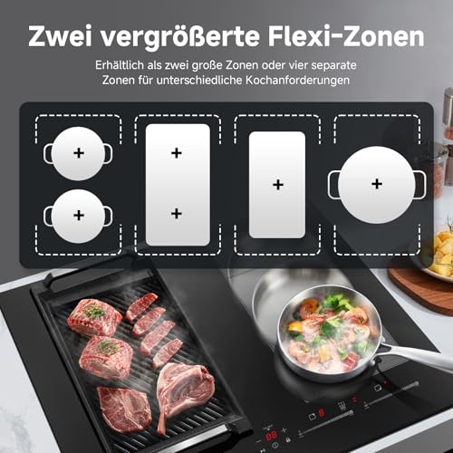 AMZCHEF Induktionskochfeld 60cm mit 2 Flexzonen, 4 Zonen Induktionskochplatte mit leisem Betrieb, 9 Leistungsstufen und Booster - BBQ Funktion, Pausenfunktion und Warmhalten, 7400W