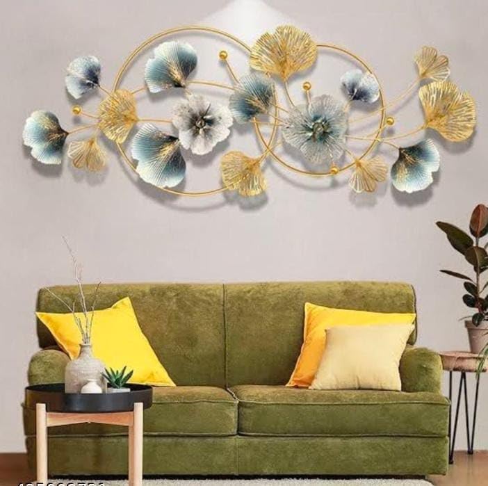 FINE DECOR Round Metal Wall Hanging Gingo Leaf Wall Art for Living Room Bedroom Decoration | Wall Sculpture Showpiece for Office Home Decor - (Size 24x48 Inch)