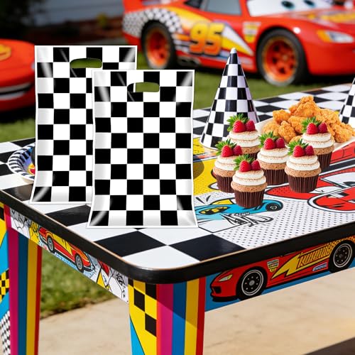 FUULOXE 100 Pcs Plastic Checkered Gift Bags with Handles, Black and White Race Car Theme Treat Bags for Kids Birthday Party Supplies Favors