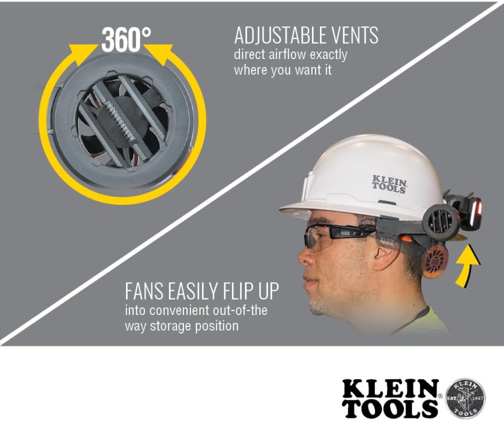 Klein Tools 60523 Dual Cooling Fan for Hard Hats and Safety Helmets, Lightweight, USB-C Rechargeable Fan, Cools Head, Neck, and Face