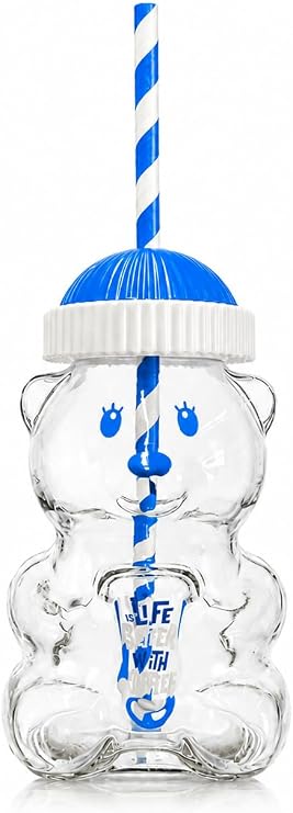 Ayıcık Cam Bardak 500 ml Şeffaf Kalın Cam Kağıt Pipetli Soğuk İçecek, Kahve, Detoks ve Frozen için Uygun Renkli Detaylı (Ayıcık, Siyah Mavi)