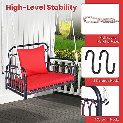Image of Tangkula Outdoor Hanging Porch Swing with Cushions, Single Person, Red