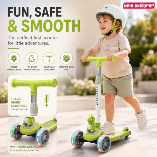Image of MiniExplorer Zoomie Kids Kick Scooter with LED Wheels, 3 Wheel Scooter for Boys & Girls, Adjustable Height Handle, Foldable Lightweight Scooter for Kids Age 3+ Years - Dino