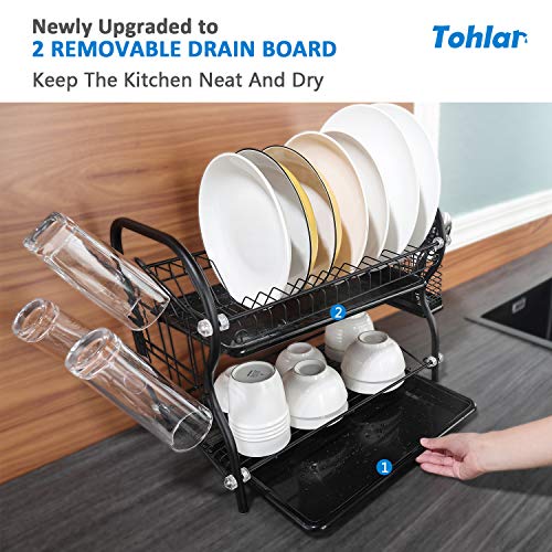 Dish Drying Rack, 2-Tier Kitchen Organizer with Drain board/Cup Holder, Dish Rack Matte Black Tohlar - Thumbnail 6