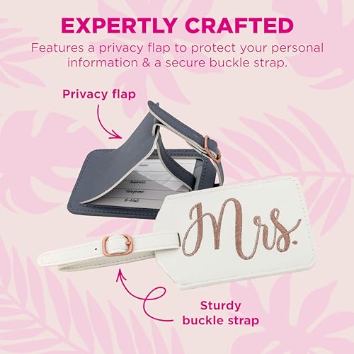 Miamica Mrs. & Mr. Luggage Tags – Set of 2 Faux Leather Suitcase Tags with Sturdy Buckle Straps – 6.85" x 3" Each – Cute Honeymoon, Bachelorette, Engagement Gifts3
