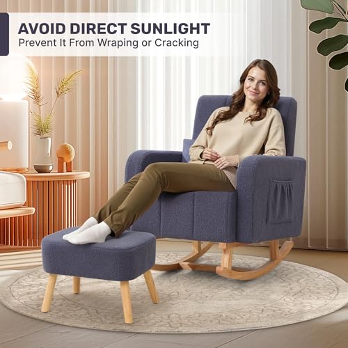 Image of HCHAIRH Nursing Rocking Chair with Ottoman, Upholstered Glider Rocker with High Backrest and Side Pocket, Comfy Reading Chair with Solid Wood Legs for Nursery, Living Room,Bedroom Dark Grey