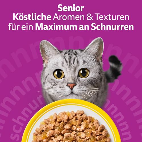 Whiskas Senior 11+ Katzennassfutter Geflügel Auswahl in Gelee, 48 Portionsbeutel, 12x85g (4er Pack) – Hochwertiges Katzenfutter nass, für Katzen ab dem 11. Lebensjahr