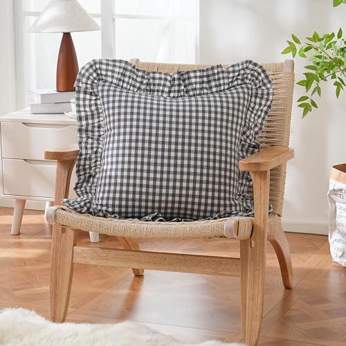 2 Pack Grey/White Plaid Ruffled Throw Pillow Sham 20 x20 inches, Washed Cotton Vintage Farmhouse Decorative Gingham Pillow Cover for Sofa/Living Room