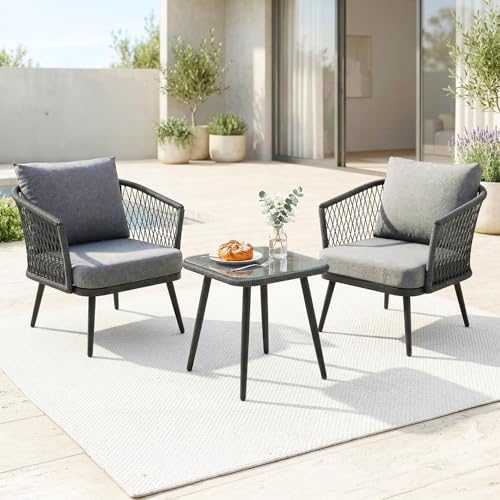 Image of DEVOKO Rope & Iron 3 Piece Patio Garden Outdoor Rope Bistro Set Handwoven Furniture With All Weather Cushioned Chair & Table For Balcony, Lawn, Backyard, Pool (Grey)