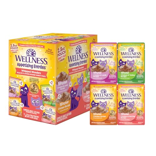 Image of Wellness Appetizing Mousse Flaked Variety Pack Adult Wet Cat Food, Natural, Protein Rich, Grain Free, Whipped Wonders, 2.8 oz, Pack of 8 Pouches