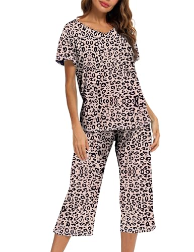 ENJOYNIGHT 2 Pack Womens Pajama Sets Cotton Short Sleeve Top with Capri Pants Summer Pjs Sleepwear3