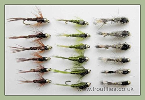 Lot de mouches de pêche - Nymphes à tête dorée, 18 plumes de queue de faisan, mouches oreille de lièvre couleur olive - Mélange de taille 10/12