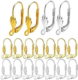 Aylifu Hypoallergenic Earring Hooks Leverback Earwire, 100pcs Brass Leverback Shell Earrings French Hook Ear Wire with Open Loop for Jewelry Making, Silver,Gold