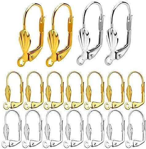 Aylifu Hypoallergenic Earring Hooks Leverback Earwire, 100pcs Brass Leverback Shell Earrings French Hook Ear Wire with Open Loop for Jewelry Making, Silver,Gold