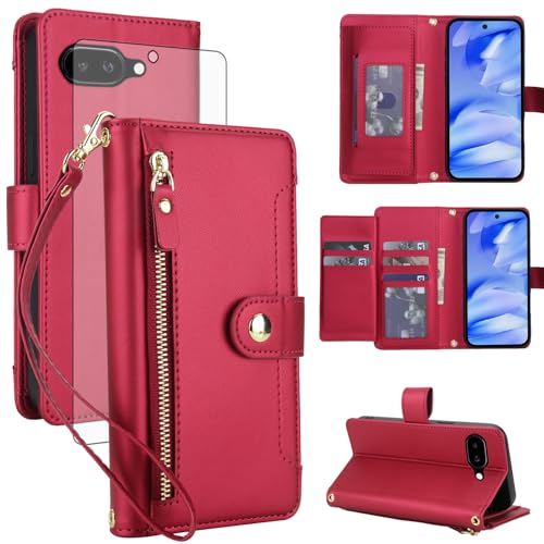 Protection Google Pixel 9a 5G rouge en cuir floral avec étui portefeuille anti-RFID