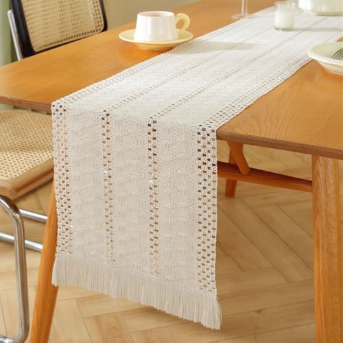 Chemin de table en macramé blanc pompons nappe cuisine 76x610cm