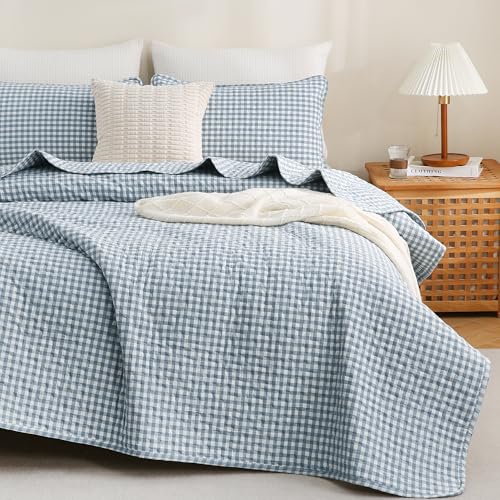 TOCOMOA Pale Blue Gingham Quilt Set 100% Cotton Like Linen, Twin 68"x86"