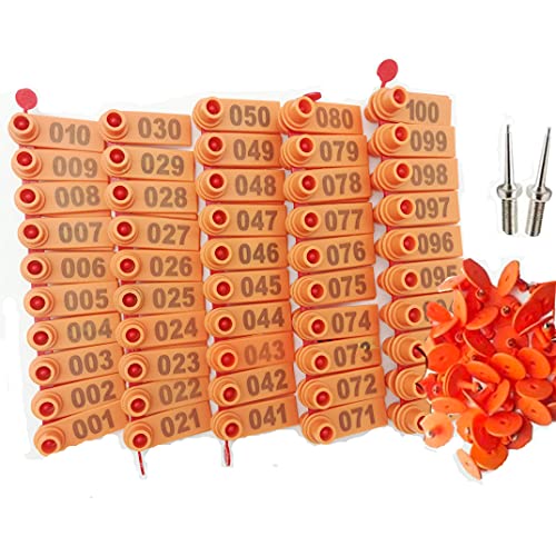 MIZORLIE Sheep Ear Tag 001-100 Numbered Goat Ear Tags (Number Plastic Livestock Animal Tag) Orange