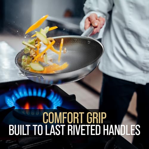 Foto de Wok - Sartén con tapa, sartenes antiadherentes de acero inoxidable para freír | Utensilios de cocina no tóxicos, aptos para lavavajillas, inducción y horno | Híbrido antiadherente de 12.5 (imagen 7)