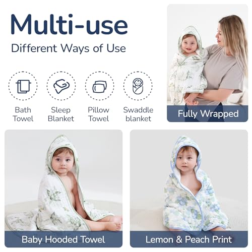 Image of Baby Hooded Towel 2 Pack, Ultra Absorbent & Soft Muslin Baby Towel - 32 x 32 Inches, Baby Bath Towel for Newborns, Infants & Toddlers, Ideal for Bath Time, Pool & Beach