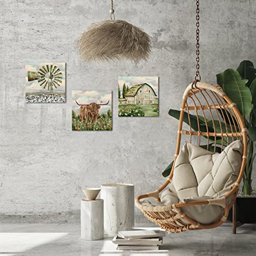 Lyerartork Vintage Farmhouse Canvas Wall Art Rustic Farm Windmill Barn Bull Pictures Giclee Retro Rural Scenery Painting Still Life Artwork For Bathroom Decor Ready To Hang 12X12Inch Each Piece(Small) #TOP1