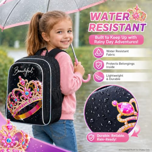 Image of CCJPX 3Pcs Backpack for Girls, 16 inch Kids Crown Bookbag with Lunch Box, Water Resistant Elementary School Bag for Kindergarten Preschool Toddler (Black)