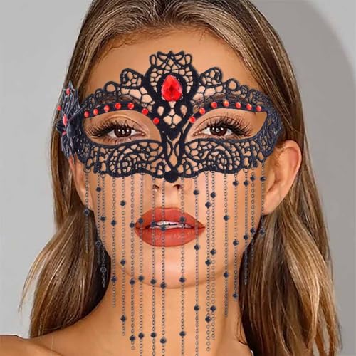 Tgirls Rhinestone Masquerade Mask Tassel Beaded Masquerade Lace Masks Crystal Face Mask Costume Party Eye Mask (Black)