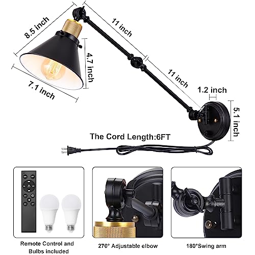 Image of TRLIFE Dimmable Wall Sconce, Remote Control Plug in Wall Sconces Dimming 10%-100% and Adjustable Color Temperature 2700K-6000K, Swing Arm Wall Lights with Plug in Cord, UL Listed(2 Pack, 2 Bulbs)