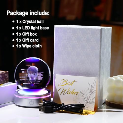 Image of Arikyrist Crystal 3D Human Skull Figurine 3.15 in. Ball Gifts for Him Her | Skeleton Anatomical Mini Model, Colorful Light Base, for Neurologist Psychologist Doctors, Graduation Gifts, Medical Students