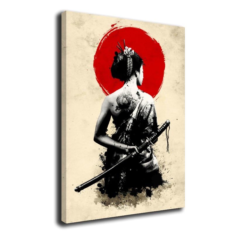 GENGSHENG Retro Asian Art Poster Geisha Samurai Living Room Office Bedroom Decor Wall Art Decor Vintage Red Moon Canvas Prints Japanese Bushido Posters Framed Ready to Hang Size 16" X 24"