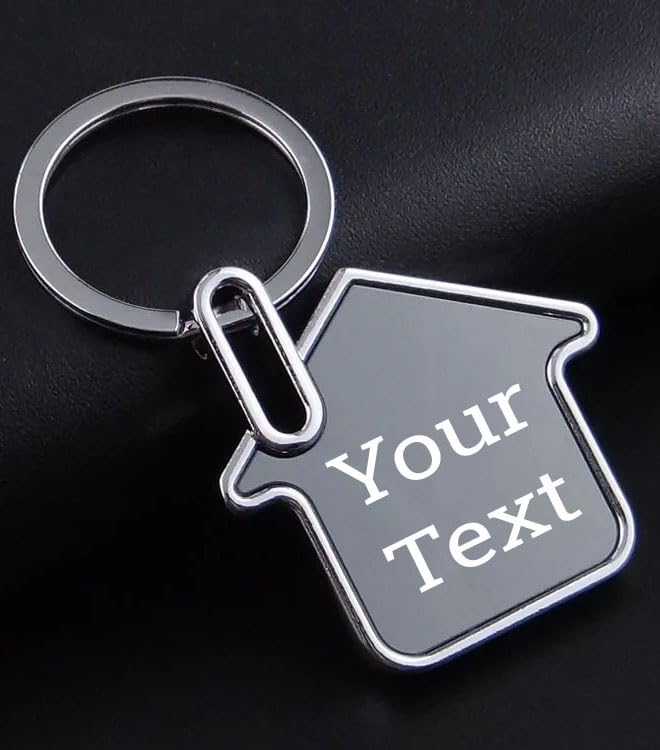 Customizable House-Shaped Metal Keychain, Black and Silver, Personalized Text Engraving for Hotels, Apartments-image-18