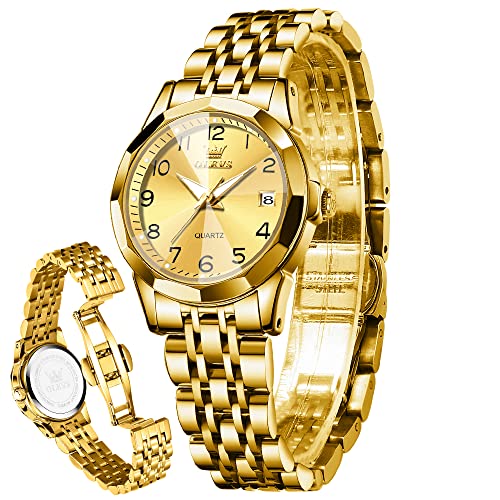 OLEVS Damenuhren Leicht zu lesen Armbanduhr mit Kleines Gesicht Gold Edelstahlband Leuchtend wasserdichte Kalender Luxus Armbanduhr
