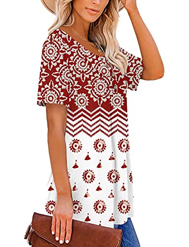 Onlyshe Women's Paisley Printed Button Top Short Sleeve V Neck Pleated Flare Tunic Shirt Maroon-M #TOP2