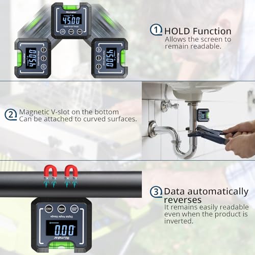 ALLmeter Digitaler Winkelmesser digital magnetisch mit VA-LCD, digitale Wasserwaage & Neigungsmesser, 360° Inklinometer mit Wasserblase, Auto-Flip Display für Holzarbeit & Montage
