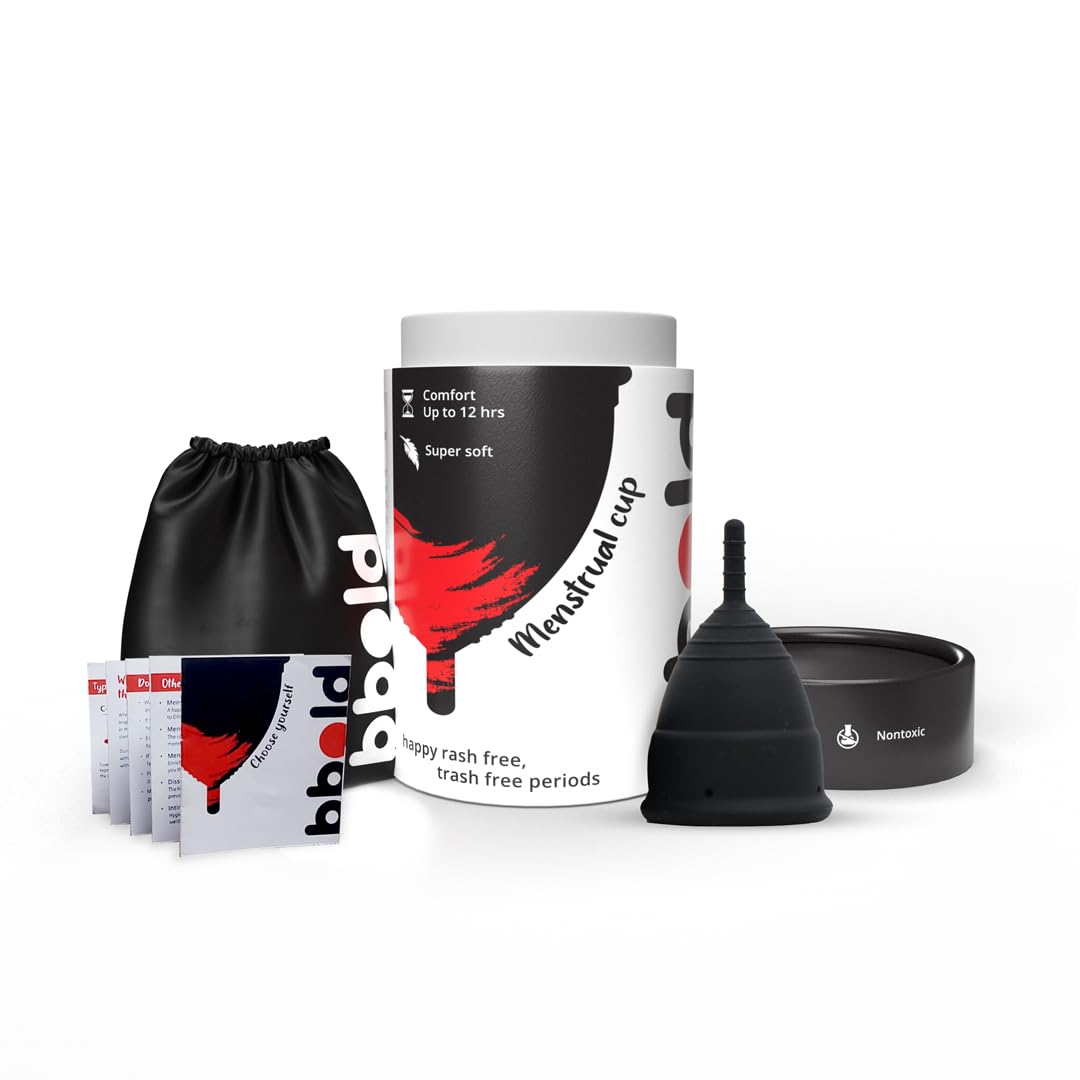 bbold Reusable Menstrual Cup For Women-Ultra Soft, Odour & Rash Free-Protection For Up To 10-12 Hours-Fda Approved. (Black Color, Size: Medium),1 Count