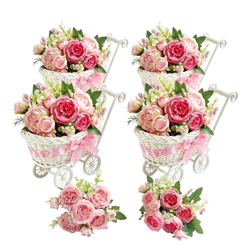 4-Pack White Rattan Baby Carriage Floral Arrangements with Pink Artificial Bouquets Baby Shower Table Centerpieces Gender Reveal Party Favors Mini Stroller Decorations for Guests Wedding Dcor