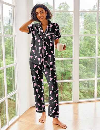 Image of Ekouaer 2 Piece Satin Short Sleeve Pajamas Set Button Down Sleepwear | Soft Pjs Set Classic Loungewear for Wedding, Party, Home, Daily Wear, Date Nights