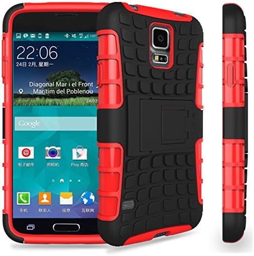 S5 Mini Case, for Samsung Galaxy S5 Mini Case, [Tyre Pattern] Tough Armor Case Double-Deck Layer Protection Hybrid Case Stand Cover [Sure Grip] Shock Drop Impact Proof Cover (Free Gifts: 1x Stylus+1x Screen Protector)(Red)