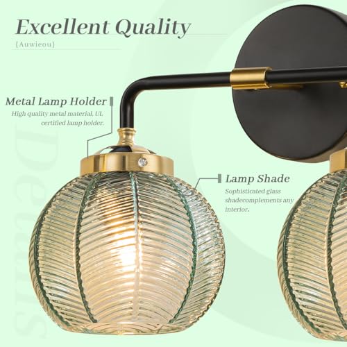 Image of Mid Century Vintage Bathroom Vanity Light 2-Head Green Glass Sconce | Wall Lamp, Wall Sconce, Black, Ribbed Glass Orbs, Light Fixture, Entryway, Doorway, Powder Room, Easy Install, 2-Light, E26