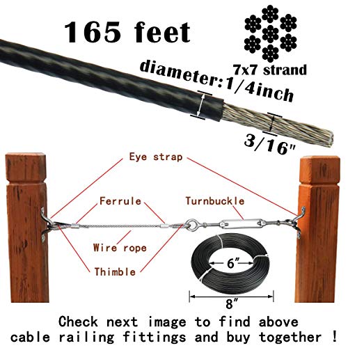 Muzata 165Feet 3/16Inch Thru1/4Inch Black Vinyl Coated Wire Rope Stainless Steel Wr18 Bundle With Heavy Duty 18" Hardened Cable Cutter Cuts 5/16" Stainless Steel Wire Rope Cr03 #TOP2
