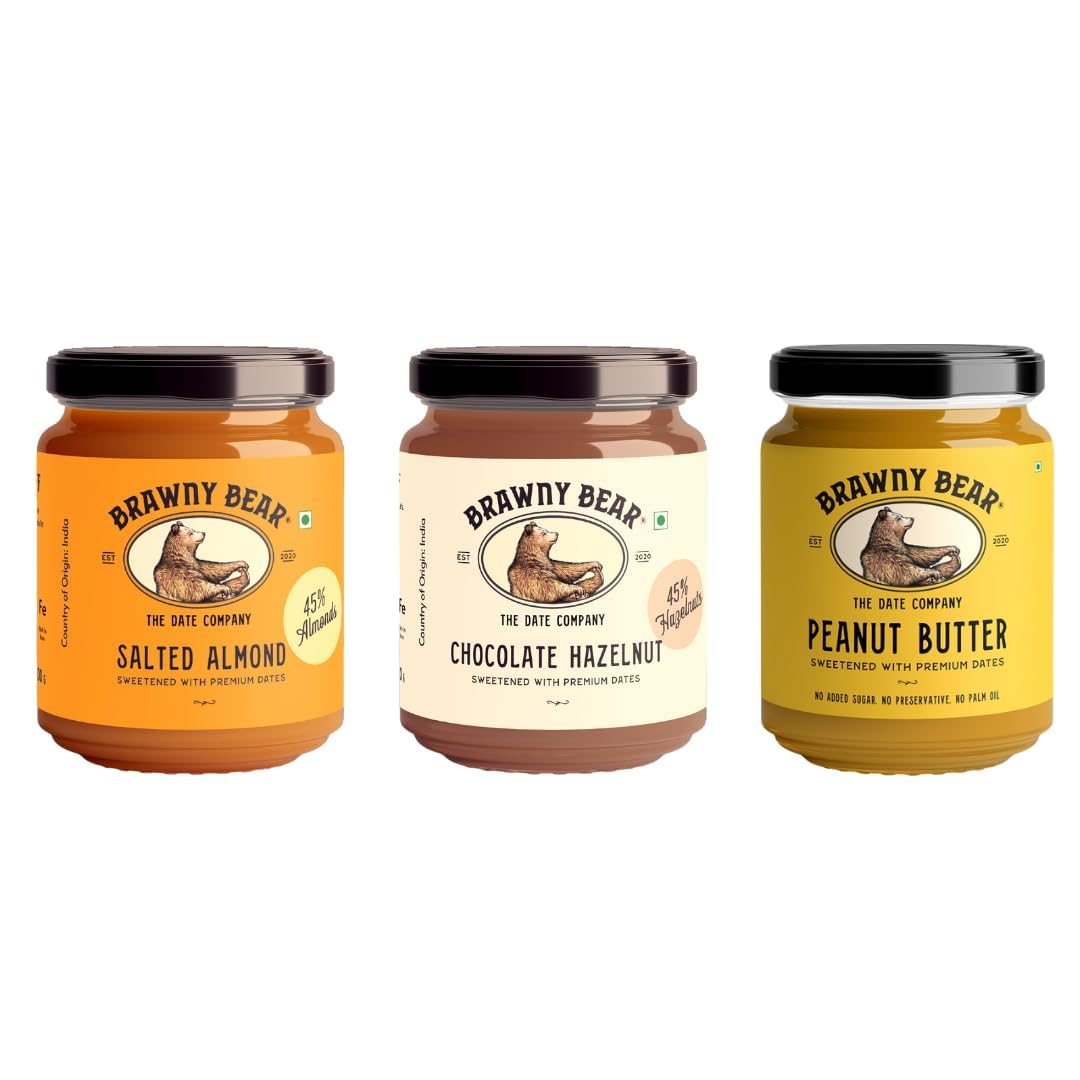 Brawny Bear Peanut Butter, Chocolate Hazelnut Spread & Almond Butter Combo, 100% Natural Sweetened with Dates, Vegan, Smooth Healthy Nut Butter, No Added Sugar & Preservative Pack of 3-200 gm each